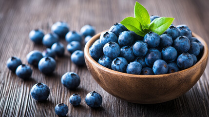 Juicy blueberries cascade from wooden bowl, embodying Nordic Midsummer's vibrant harvest and Blueberry Festival's sweet celebration