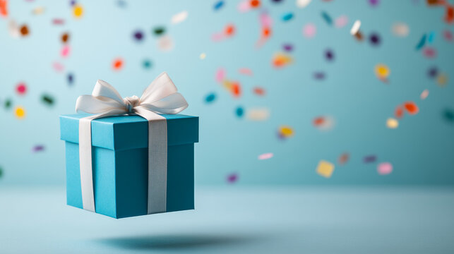 Floating azure gift box amid kaleidoscope confetti, heralding joyous Midsummer fetes and secretive Pesach surprises in whimsical atmosphere