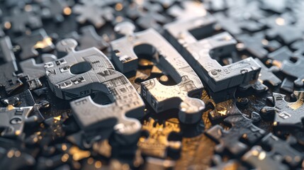 Metallic puzzle pieces spelling "SALE" arranged amidst other scattered fragments