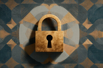 Gold padlock on textured gray, beige, and dark-blue geometric background, symbolizing security, privacy, or protection