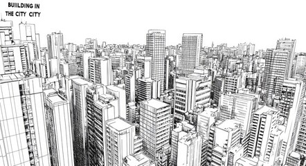 Cityscape Sketch, Urban with Skyscrapers, Modern Architectural Drawing, Line Art