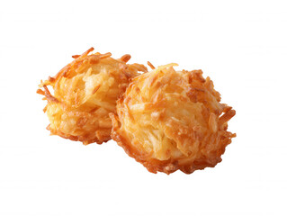 Two golden-brown coconut macaroons are displayed on a pristine white background, showcasing their delicate texture and appealing presentation for sweet treats.