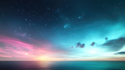 Peaceful seascape with starry sky and colorful clouds at night