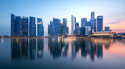 Fototapeta premium Modern City Skyline at Twilight with Water Reflections