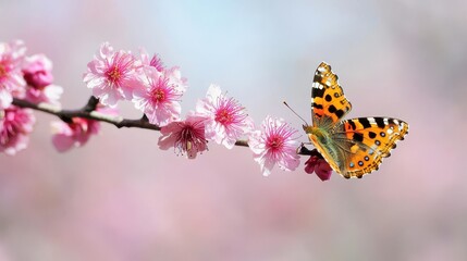 Obraz premium Colorful butterfly resting on delicate pink blossoms, vibrant nature scene showcasing spring beauty, ideal for design and inspiration.