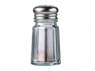A transparent glass salt shaker with a silver metal lid is isolated on a white background showing coarse grains of seasoning ready for culinary use now.