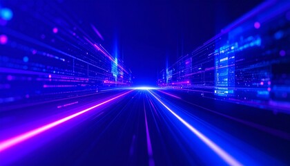 Abstract visual of a data stream in vibrant neon blue and purple colors. The image has an artistic, futuristic aesthetic, suggesting speed and technology