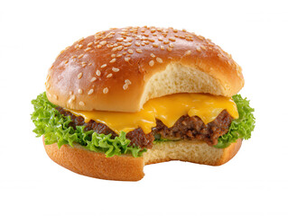 A delicious cheeseburger with a sesame seed bun, juicy patty, melted cheese, and fresh lettuce has a bite taken out of it, against a bright white background.