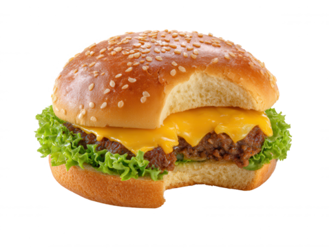 A delicious cheeseburger with a sesame seed bun, juicy patty, melted cheese, and fresh lettuce has a bite taken out of it, against a bright white background.