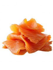 Delicious smoked salmon slices are stacked in a tantalizing pile against a pristine white background, showcasing their vibrant color and tempting texture, yum!