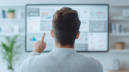 Fototapeta premium Person analyzing data on large screen, focused individual in modern workspace, surrounded by greenery, engaging technology theme.