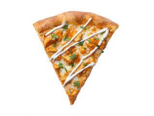 An appetizing slice of buffalo chicken pizza is beautifully displayed on a bright white background, featu fresh parsley and creamy sauce in a studio shot.