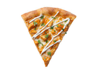 An appetizing slice of buffalo chicken pizza is beautifully displayed on a bright white background, featu fresh parsley and creamy sauce in a studio shot.