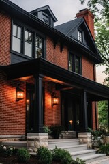Obraz premium In a charming suburban neighborhood at twilight, a stylish house adorned with sleek black and vibrant red bricks glows invitingly with warm lights