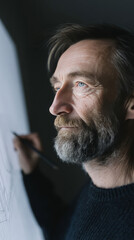 A pensive Caucasian man artistically sketches in dim light, epitomizing World Art Day's introspection and the niche of abstract contemplation