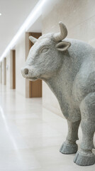 Silent stone bull stands guard in corridor, evoking Taurus energy, financial district vibes, and Lunar New Year symbolism