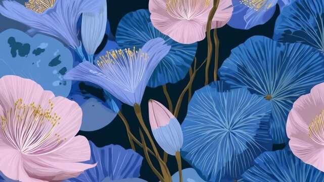 Graphic floral seamless pattern of light pink blossoms and blue leaves on a dark navy backdrop providing organic textures, elegant, and detailed illustration.