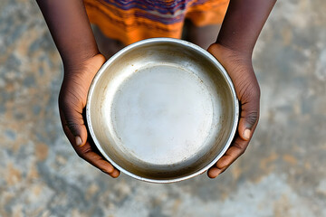 Top view of African kid's hands holding an empty metal plate, starving child. Lack of food in African countries problems of hunger