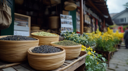 Bowls of vibrant spices at bustling Asian market, perfect for Dragon Boat Festival, evoking ancient culinary magic and fragrant traditions