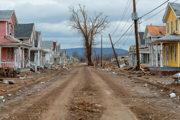 Desolate street lined with damaged homes, uprooted trees, and debris, showcasing the aftermath of a natural disaster and the impact of environmental devastation on communities