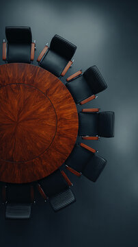Overhead view of a round wooden conference table surrounded by black leather chairs, showcasing a scene of business meeting or negotiation, symbolizing collaboration and corporate environment