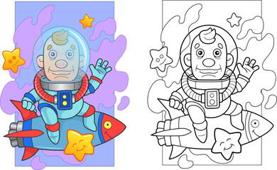 funny astronaut on rocket, coloring page for kids
