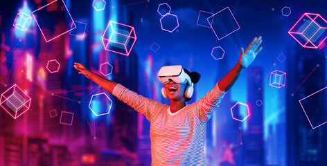 African girl wearing VR glasses and casual cloth while standing at futuristic city. Attractive...