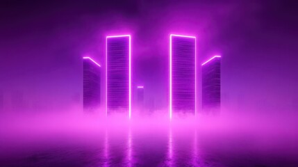 Vibrant digital landscape, neon glowing arches in a surreal purple backdrop, evoking a futuristic and dynamic theme.