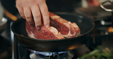 Cooking, stove and hands of chef with steak in pan in kitchen for culinary skill, recipe and meal prep. Food, dinner and person with beef, protein and spice for gourmet dish, ingredients and cuisine
