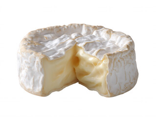 A delicious, creamy camembert cheese with a soft, white rind and a cut-out wedge showing its smooth, melting interior, isolated against a white background.