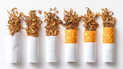 Close up of cigarettes with shredded tobacco against a white background