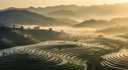 Naklejka premium Rice Terraces Misty Mountains at Sunrise