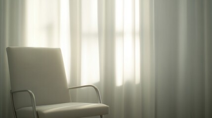 Cozy chair by the window, softly lit space with sheer curtains, inviting atmosphere for relaxation or reading.