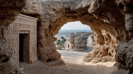 Ancient sandstone rock formations with carved doorway and desert landscape viewed through a nat