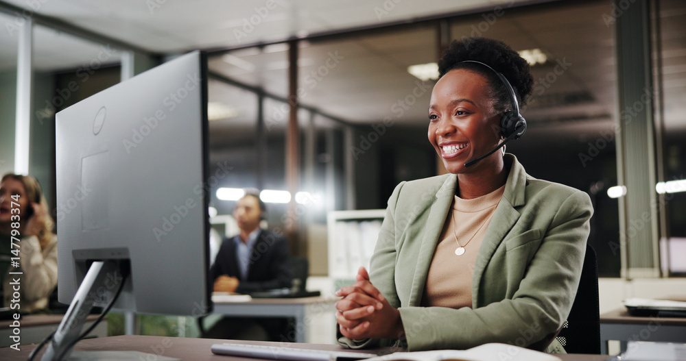 Poster woman, computer and call center consultant at night, communication or crm with help desk support. ha