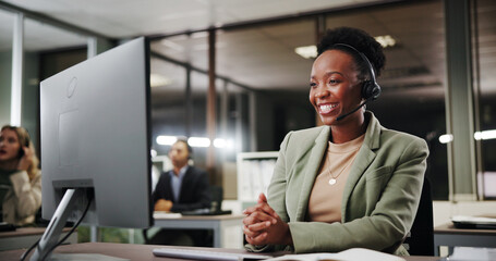 Woman, computer and call center consultant at night, communication or CRM with help desk support....
