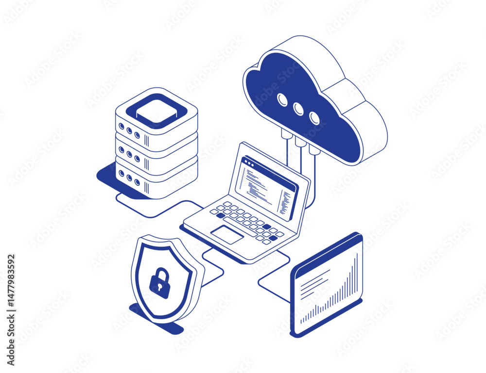 Poster cloud server with data analytics dashboard on laptop and cloud storage icon connected to server rack