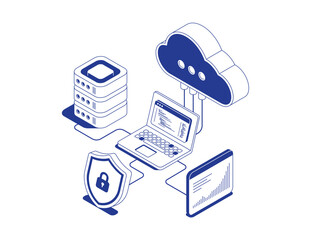 Cloud server with data analytics dashboard on laptop and cloud storage icon connected to server rack in isometric line contour vector illustration.