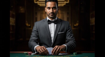 Professional casino dealer in a suit dealing cards at a poker table, gambling.