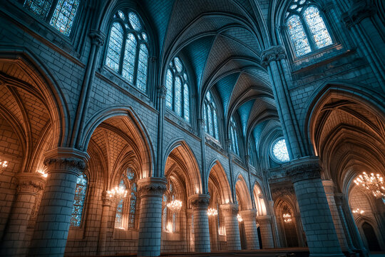 Interior of a gothic cathedral showing its soaring arches, stained glass windows, and detailed stonework, illuminated by chandeliers.