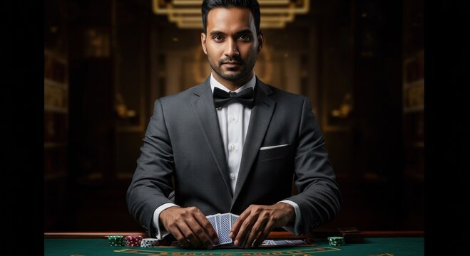 Professional casino dealer in a suit dealing cards at a poker table, gambling.