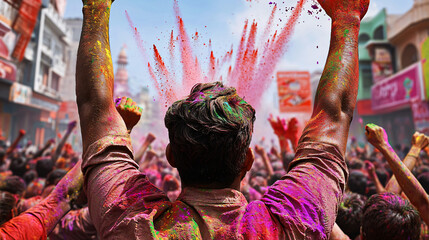 Vibrant crowd celebrates Holi festival with colored powder explosions against a blurry city background outdoors.