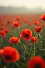 Fototapeta premium Red poppy flower field at sunset with blurry background. Wild floral scene in meadow. Seasonal beauty of nature with copy space concept.