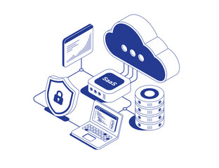 SaaS cloud server technology system with processor, laptop and browser analytics connected to cloud storage by data flows in isometric line contour vector illustration.