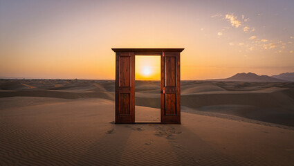 Wooden doorway in the desert at sunset symbolizing opportunity and hope
