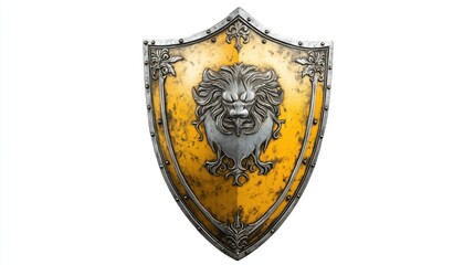 Ornate medieval shield with lion emblem isolated on clean white studio background