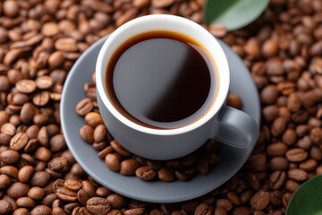 Fototapeta premium Steaming Coffee Cup Surrounded by Fresh Coffee Beans on a Tabletop