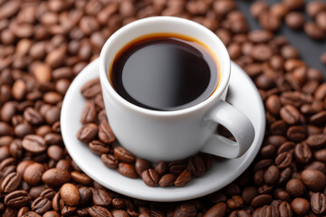 Fototapeta premium White Cup of Black Coffee Surrounded by Roasted Coffee Beans