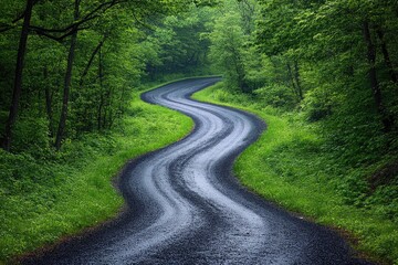 Fototapeta premium A winding road snakes through a lush green and vibrant forest