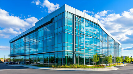 Fototapeta premium Modern Glass Office Building Exterior on a Sunny Day